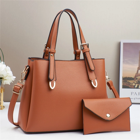 Ensemble Sac À Main Et Pochette En Cuir PU Élégant Pour Femmes Texture Litchi Grande Capacité Sac À Bandoulière