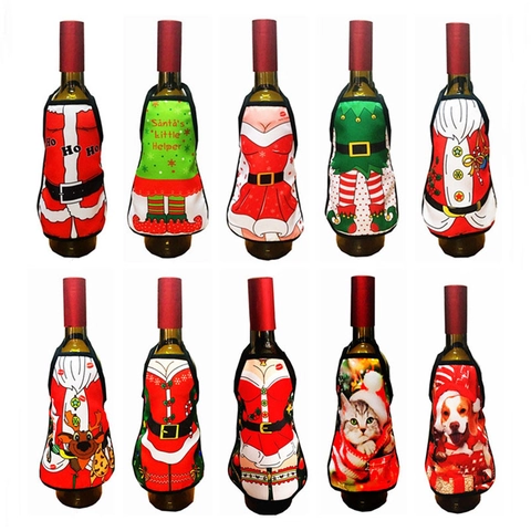 Housse De Bouteille De Vin De Noël Mini Tablier Réutilisable Polyester Décoration De Table De Fête Imprimé Père Noël Elfe Renne Nouveauté
