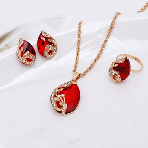 Vintage Legering Strass Pauw Sieradenset Opengewerkt Waterdruppel Kristal Ketting Oorbellen Open Ring Voor Vrouwen Banket Feest