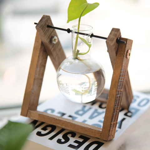 Hydroponik Pflanzenglasvase Mit Holzständer Schreibtisch Terrarium Birne Glas Für Vermehrung Retro Minimalistisches Dekor