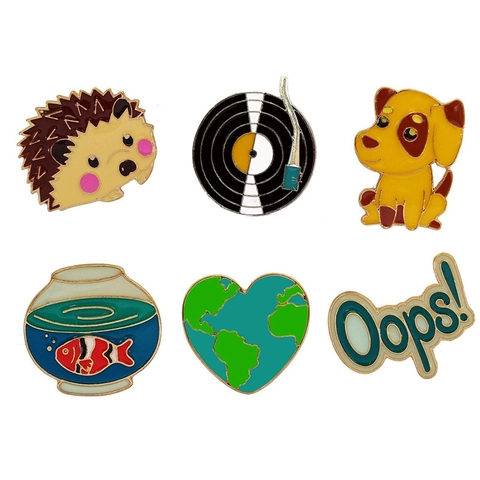 Cartoon Tier Emaille Pins Set Legierung Igel Grammophon Rekord Welpe Goldfisch Glas Weltkarte Brosche Abzeichen Schmuck