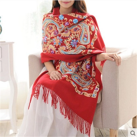 Châle En Pure Laine Brodé Paisley Pour Femmes Grand Écharpe D'Hiver Épaisse Avec Glands Style Ethnique Vintage