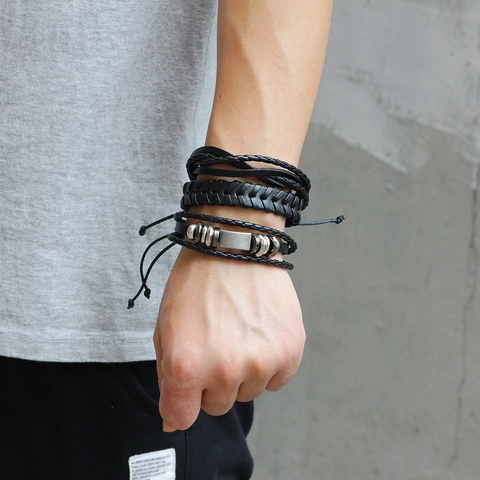 Herren Mehrlagige Geflochtene Lederarmbänder Vintage Gewebtes Wachsseil Metallanhänger Wrap Armband Retro Schmuck