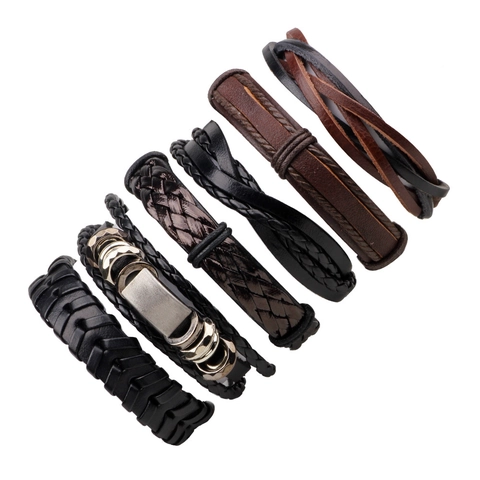 Herren Mehrlagige Geflochtene Lederarmbänder Vintage Gewebtes Wachsseil Metallanhänger Wrap Armband Retro Schmuck