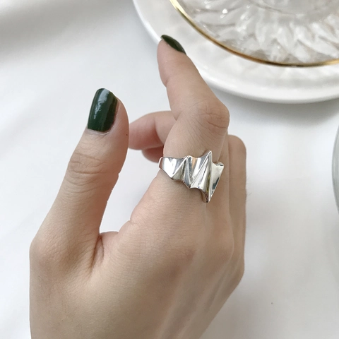925 Sterling Silber Blitz Offener Ring Unregelmäßige Falte Breites Band Verstellbar Minimalistischer Moderner Schmuck