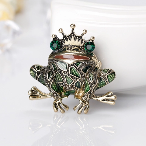 Vintage Frog King Brooch Alloy Enamel Rhinestone Crown Animal Pin Jewelry For Women Dress Suit Decoration
