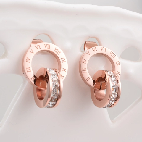 Roman Numeral Double Interlocking Ring Stud Earrings Titanium Steel Rose Gold Plated Square Zircon Fashion Jewelry