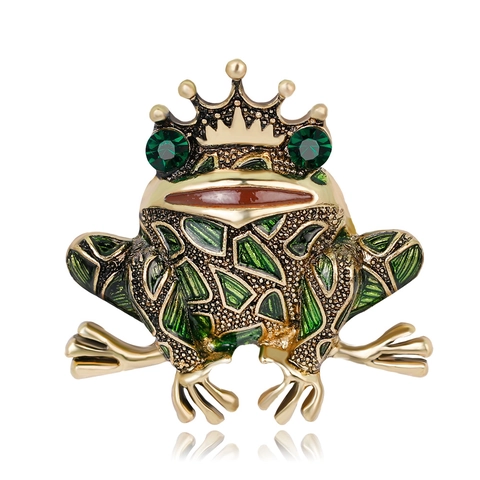 Vintage Frog King Brooch Alloy Enamel Rhinestone Crown Animal Pin Jewelry For Women Dress Suit Decoration