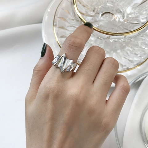 925 Sterling Silber Blitz Offener Ring Unregelmäßige Falte Breites Band Verstellbar Minimalistischer Moderner Schmuck