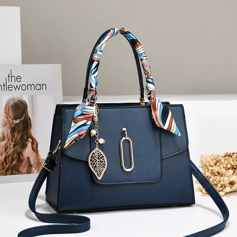 Elegant Women Litchi Grain PU Leather Handbag With Satin Scarf Decor Leaf Artificial Pearl Charm Fashion Shoulder Crossbody Tote Bag