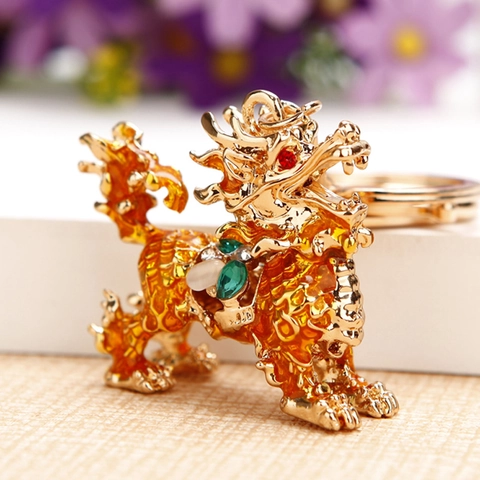 Portachiavi Portafortuna Kirin Pixiu Strass Smalto Metallo Gatto Della Fortuna Pendente Borsa Stile Cinese Tradizionale