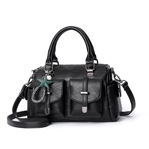Damen PU Leder Boston Eimer Handtasche Mit Doppelten Vordertaschen Vintage Umhängetasche Sternanhänger Verstellbarer Riemen