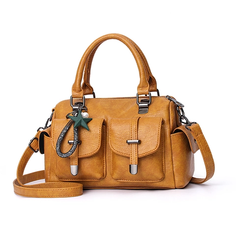 Damen PU Leder Boston Eimer Handtasche Mit Doppelten Vordertaschen Vintage Umhängetasche Sternanhänger Verstellbarer Riemen