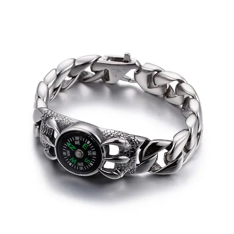 Men's Cuban Link Bracelet 316L Stainless Steel Functional Compass Dragon Claw Retro Punk Outdoor Fashion Jewelry