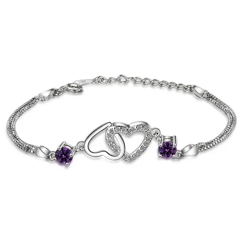 Doux Bracelet Double Cœur en Cuivre pour Femme Élégant Cœur Entrelacé Plaqué Argent Strass Violet Bracelet Chaîne Bijoux Cadeau
