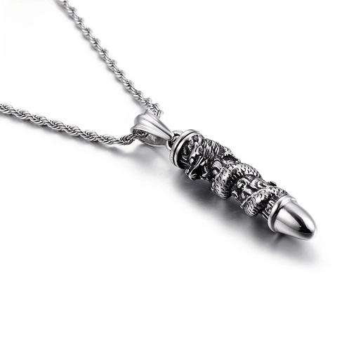 Stainless Steel Dragon Relief Bullet Cylinder Pendant For Men Vintage Hip Hop Retro Fashion Jewelry