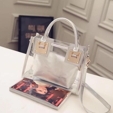Women Transparent PVC Jelly Handbag With Removable Inner Pouch Clear Shoulder Crossbody Bag Chic Square Gold Buckle