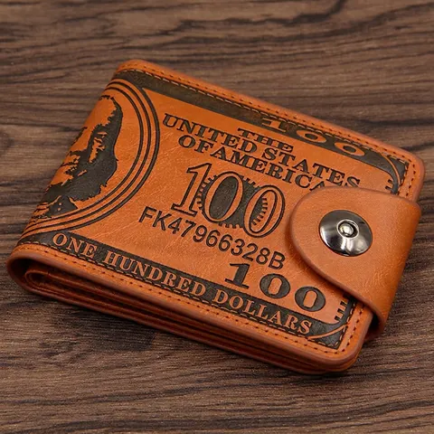 Herren Bifold Geldbörse PU Leder Retro 100 US Dollar Aufdruck Kurze Geldklammer Mit Metall Druckknopf Für Den Alltag