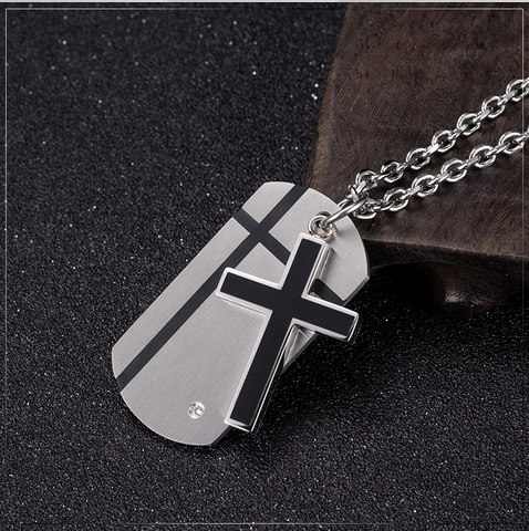 Collana Con Croce Dog Tag In Acciaio Inossidabile Per Uomo Stile Militare Hip Hop Pendente A Doppio Strato Con Piccolo Strass Gioielli
