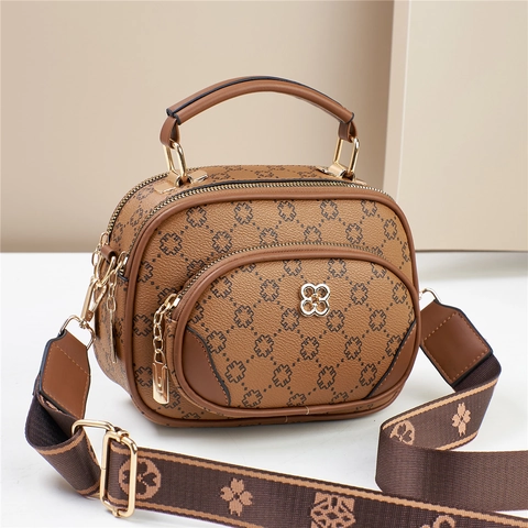 Women PU Leather Crossbody Bag Clover Monogram Printed Dual Zipper Handbag With Wide Adjustable Strap Retro Stylish
