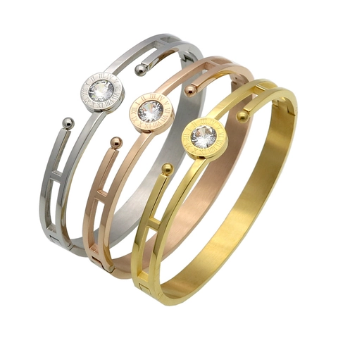 Bracciale Rigido In Acciaio Inossidabile Con Numeri Romani E Zircone Gioielli Di Moda Per Donna