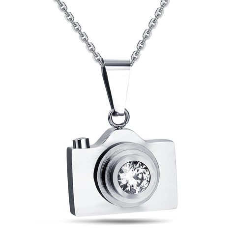 Collana con Pendente a Forma di Fotocamera in Acciaio Inossidabile 304 Retrò Galvanica con Strass Gioielli Unisex Accessorio