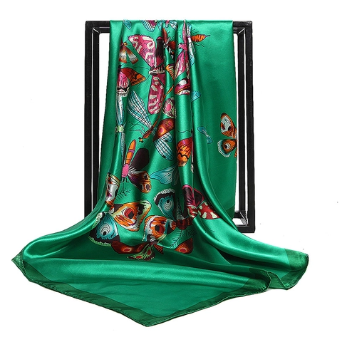 Vibrant Butterfly Print Women Faux Satin Satin Square Scarf Elegant Smooth Decorative Head Neck Wrap Fashion Accessory