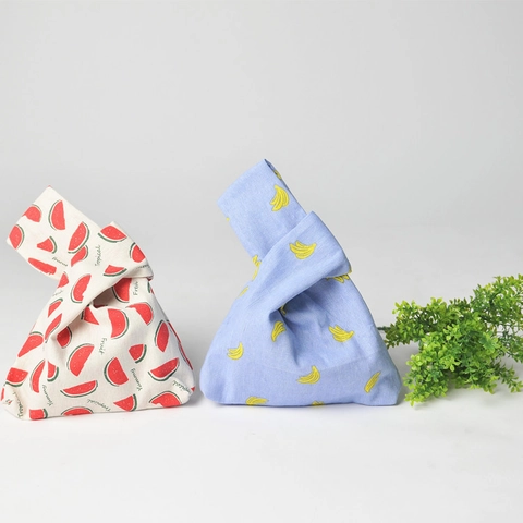 Japanische Knotentasche Aus Segeltuch Und Baumwollleinen Handgelenktasche Mit Frucht Und Tiermuster Kleine Handtasche