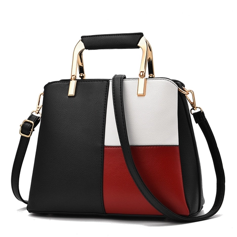 Damen Handtasche PU Leder Color Block Gold Metallgriff Schulter Umhängetasche Elegant Mode Lässig