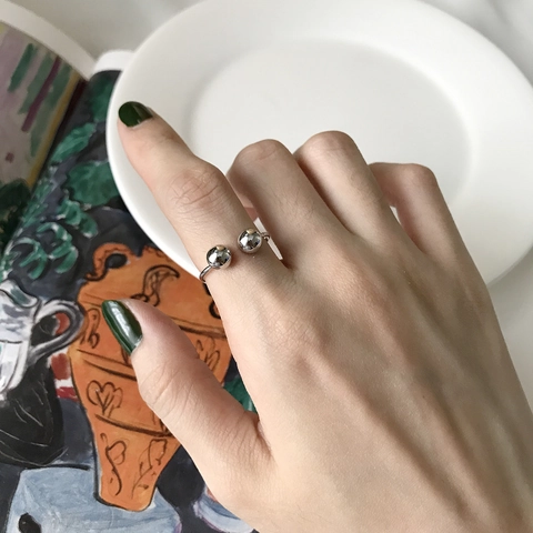 925 Sterling Silber Offener Ring Doppelperle Minimalistisch Geometrisch Verstellbar Knöchelschmuck