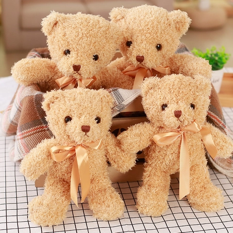 Teddy Bear Plush Toy Soft Curly Fur Stuffed Animal With Satin Ribbon Bow For Kids Birthday Gift Cozy Home Decor