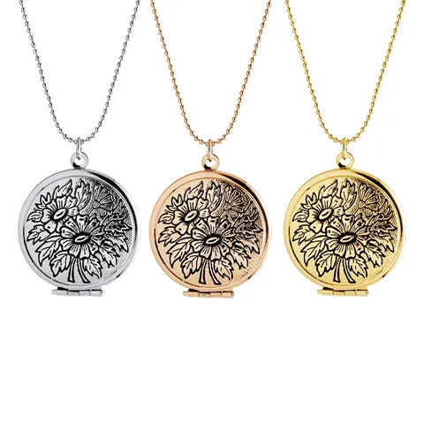 Vintage Runde Kupfer Blumen Geprägte Medaillon Halskette Für Damen Gold Silber Roségold Bilderrahmen Anhänger Schmuck