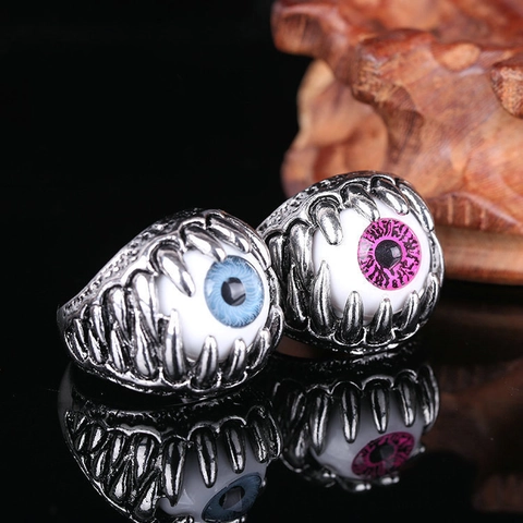 Böser Blick Ring Gothic Punk Kralle Realistischer Augapfel Schmuck Legierung Retro Antik Silber Finish Herren Damen Halloween Neuheit