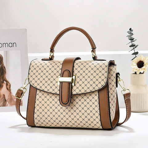 Retro PU Leather Handbag For Women Geometric Plaid Crossbody Bag Elegant Vintage Top Handle Shoulder Bag Gold Hardware