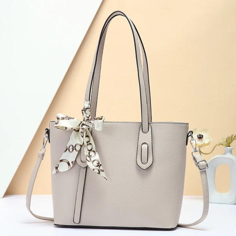 Women Fashion Large Capacity Tote Bag PU Leather Litchi Grain Commuter Shoulder Bag Handbag With Satin Scarf For Daily Work