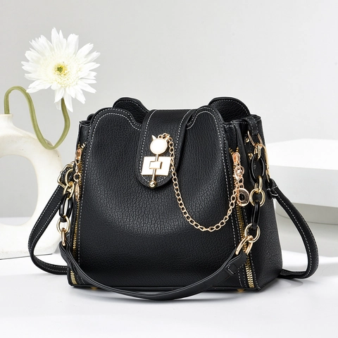Dames Emmer Tas Van Echt Leer Met Kiezeltextuur Kattenkopslot Kunstparel Decoratieve Ketting Mode Schoudertas Cute