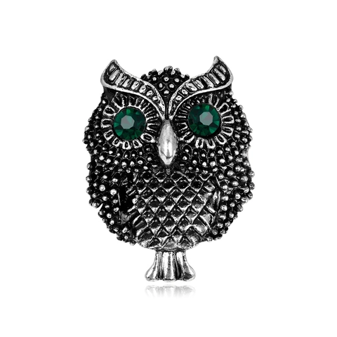 Broche De Búho Vintage Aleación Diamantes De Imitación Verdes Retro Oro Antiguo Animal Pin De Solapa Joyería Para Mujeres
