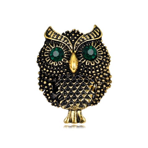 Broche De Búho Vintage Aleación Diamantes De Imitación Verdes Retro Oro Antiguo Animal Pin De Solapa Joyería Para Mujeres