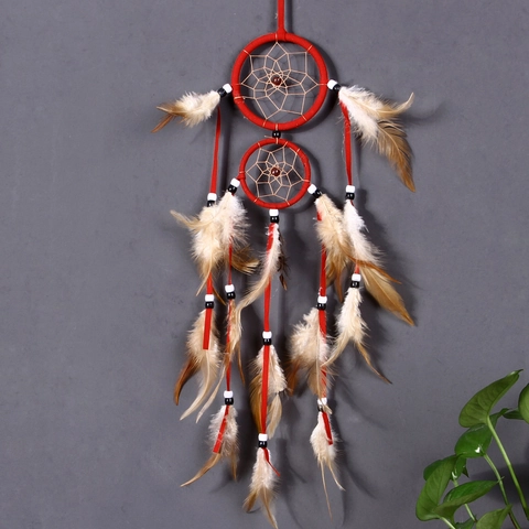 Indian Dream Catcher Double Ring Handmade Hanging Ornament With ABS Beads And Fumigated Feathers For Home Wall Decor