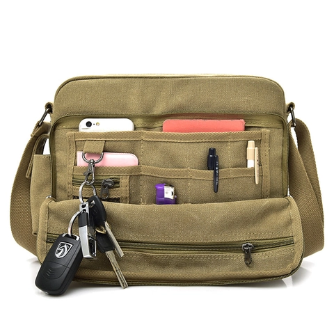Men Canvas Crossbody Messenger Bag Multi Pocket Large Capacity Retro Shoulder Satchel Casual Travel Work Solid Color