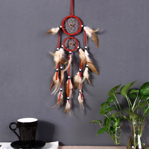 Indian Dream Catcher Double Ring Handmade Hanging Ornament With ABS Beads And Fumigated Feathers For Home Wall Decor