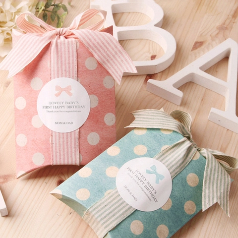 Vintage Polka Dot Pillow Gift Box Paper Cardboard Foldable Packaging Box Case For Birthday Wedding Party Candy Decoration