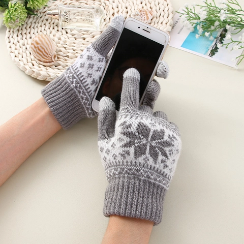 Knitted Winter Gloves Women Acrylic Snowflake Pattern Warm Fleece Lined Touch Screen Compatible Outdoor Thermal Mittens
