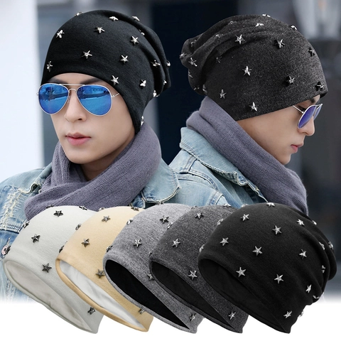 Stern Nieten Beanie Mütze Acryl Gestrickt Warm Winddicht Winter Streetwear Unisex Slouchy Cap