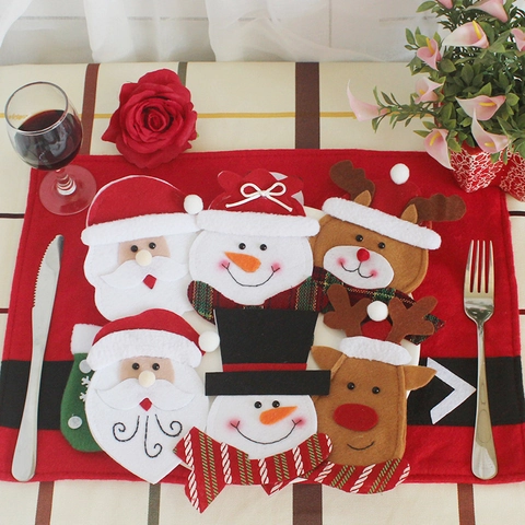 Pochettes Porte-Couverts De Noël Feutre Tissu Non-Tissé Père Noël Bonhomme De Neige Renne Décoration Table Fête Vacances