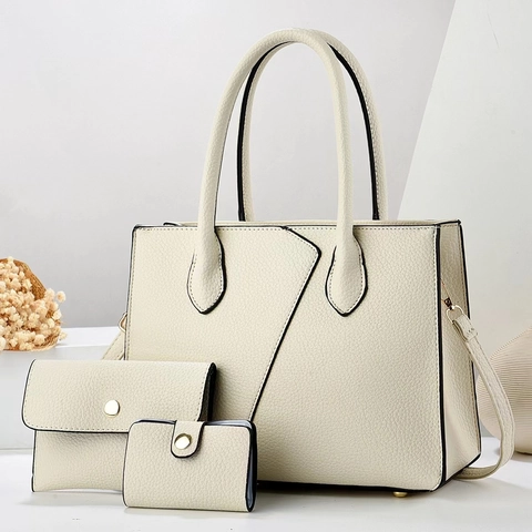 Patchwork Tote Handbag Clutch Card Holder PU Leather Litchi Grain Fashion Commuting Women Elegant Versatile