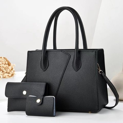 Patchwork Tote Handbag Clutch Card Holder PU Leather Litchi Grain Fashion Commuting Women Elegant Versatile