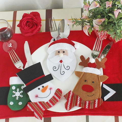 Pochettes Porte-Couverts De Noël Feutre Tissu Non-Tissé Père Noël Bonhomme De Neige Renne Décoration Table Fête Vacances