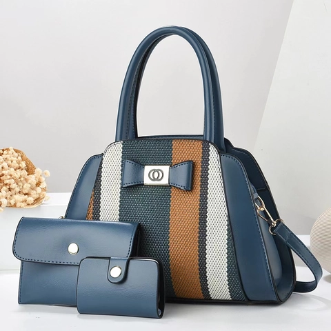 Borsa A Mano Da Donna Borsa A Tracolla Pochette A Busta E Porta Carte Pelle PU Motivo A Righe Contrasto Fiocco Anello Metallo
