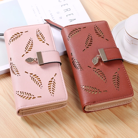 Portafoglio Lungo Donna Pelle PU Motivo Foglia Svuotata Grande Capacità Pochette Pendente Foglia Metallo Cerniera Fibbia Porta Carte